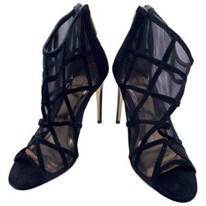 Black Xstal Mesh Peep Toe Heels In Leather Bootsbooties Size Eu